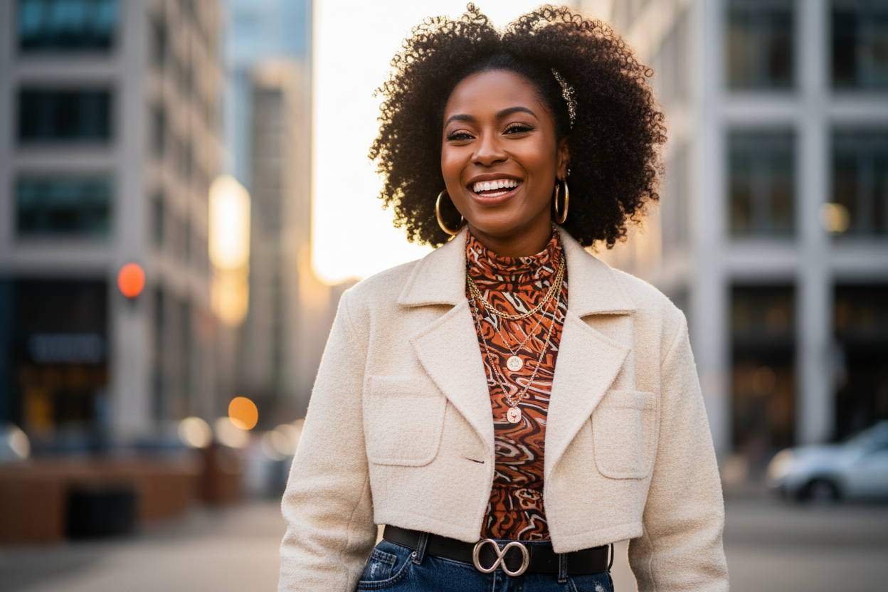 Very close-up portrait of happy Black woman in urban chic clothing